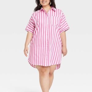 Women's Short Sleeve Shirtdress - A New Day Pink Striped XXL